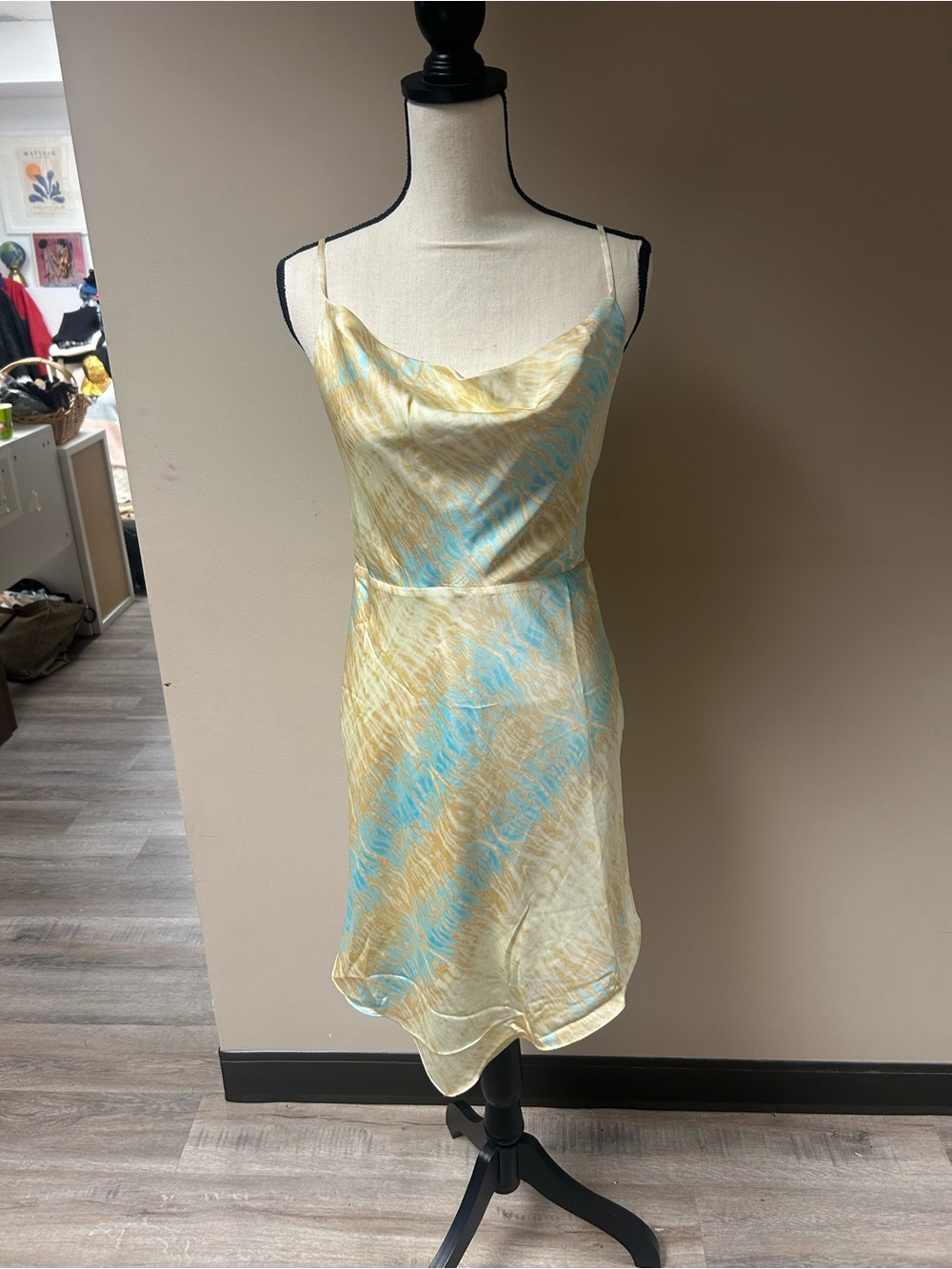 Guess Satin Cowl Slip Dress in Yellow & Light Blue